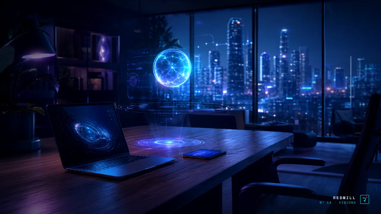 Bureau à domicile futuriste à l'heure bleue : ordinateur, smartphone et orbe lumineuse au-dessus du bureau, la ville en arrière-plan.
