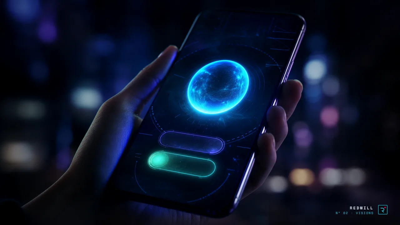 Une main tient un smartphone : l'orbe de l'assistant s'affiche au-dessus de deux boutons, dont un bouton de validation.