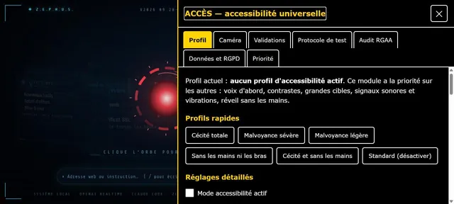 Capture d’écran du module ACCÈS — accessibilité prioritaire (Capture de l’interface · ZEPHUS)