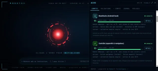 Capture d’écran du module AIOS — comptes et validations (Capture de l’interface · BRUTUS)