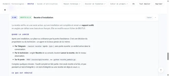 Capture d’écran du module Recette d’installation (Extrait du guide d’utilisation · BRUTUS)