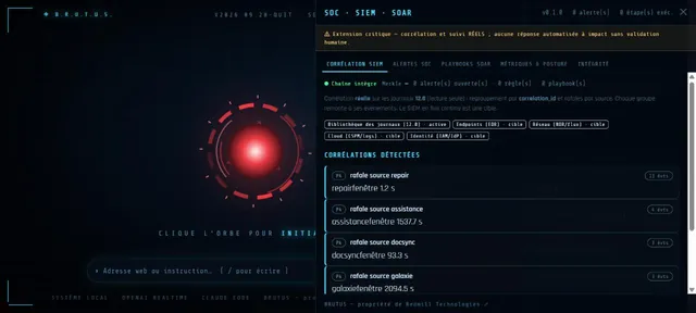 Capture d’écran du module SOC / SIEM / SOAR (Capture de l’interface · BRUTUS)