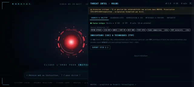Capture d’écran du module Threat Intel (Capture de l’interface · BRUTUS)